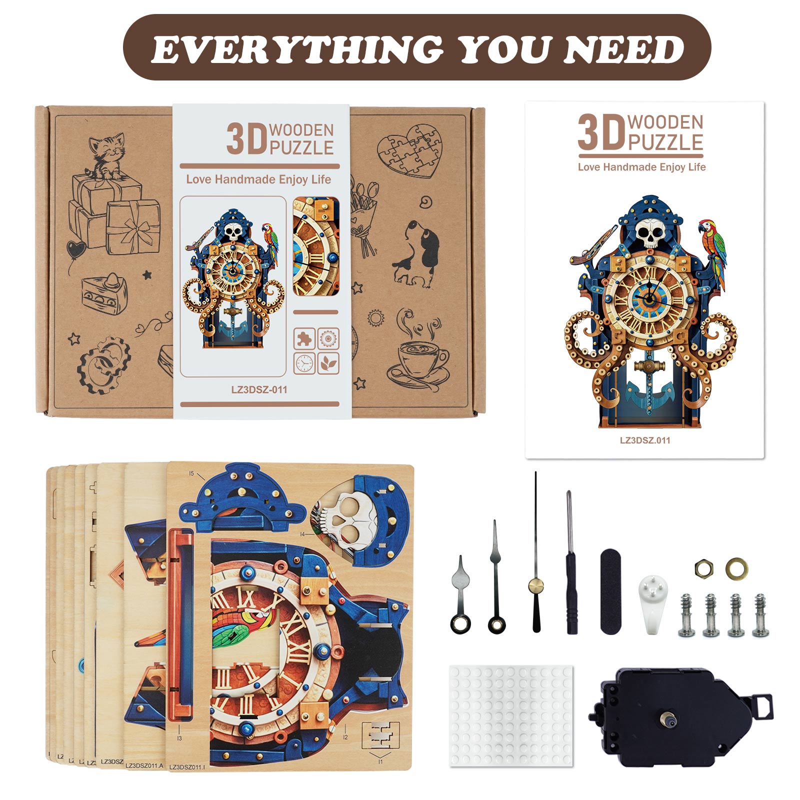Octopus Sea Monster  – DIY Wooden Clock, 3D Puzzle Craft Kit