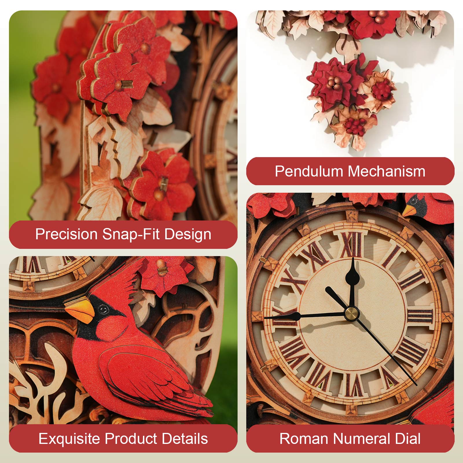 Cardinal– DIY Wooden Clock, 3D Puzzle Craft Kit