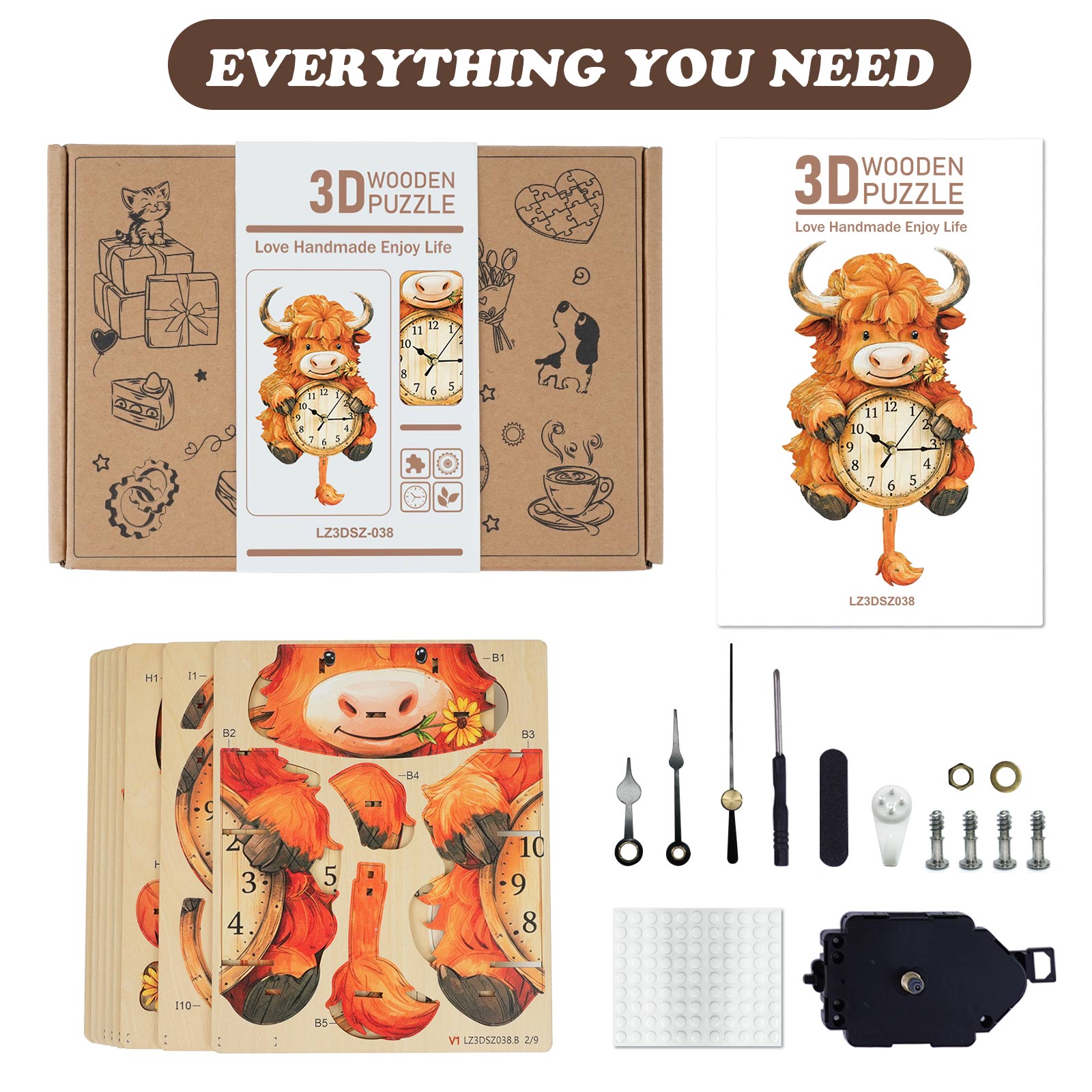 Highland Cattle – DIY Wooden Clock, 3D Puzzle Craft Kit