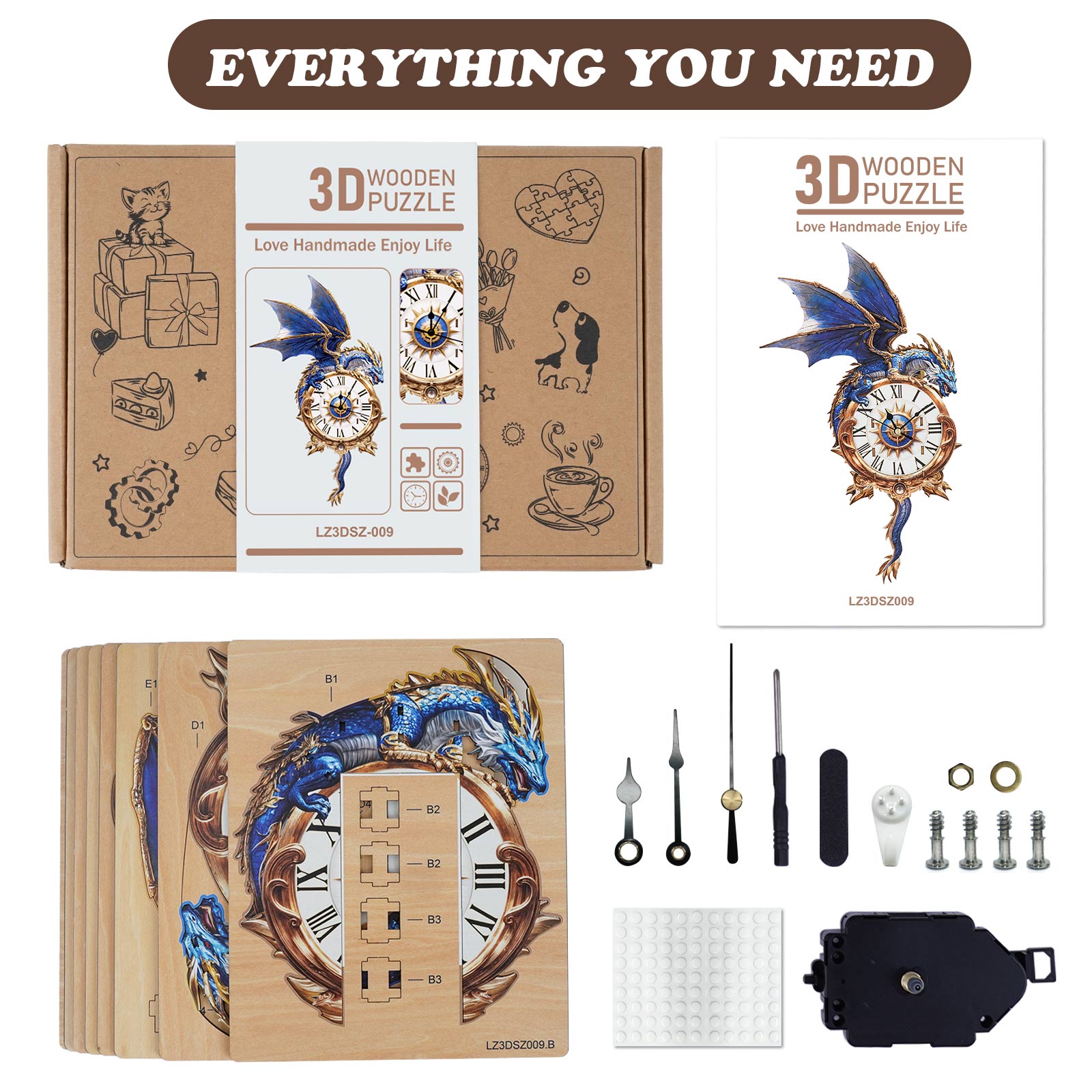 Blue Dragon– DIY Wooden Clock, 3D Puzzle Craft Kit